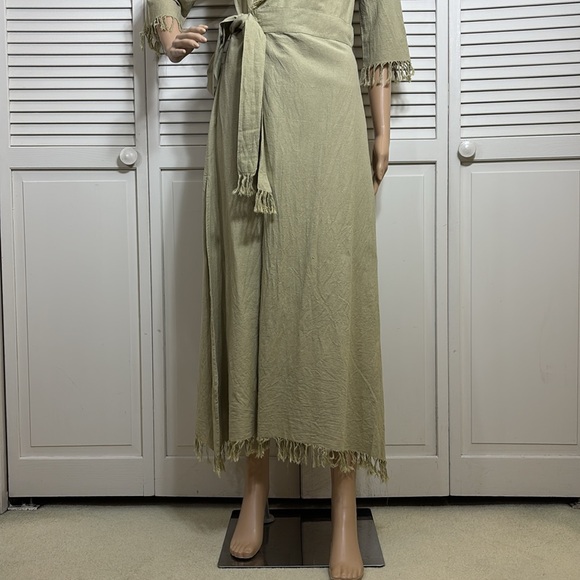 Chintamani Wrap Boho Cotton Dress with Fringe Sage Green Small - Picture 7 of 16